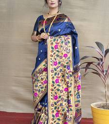 Navy blue zari woven paithani silk blend saree with blouse