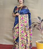 Navy blue zari woven paithani silk blend saree with blouse