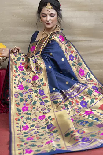 Navy blue zari woven paithani silk blend saree with blouse