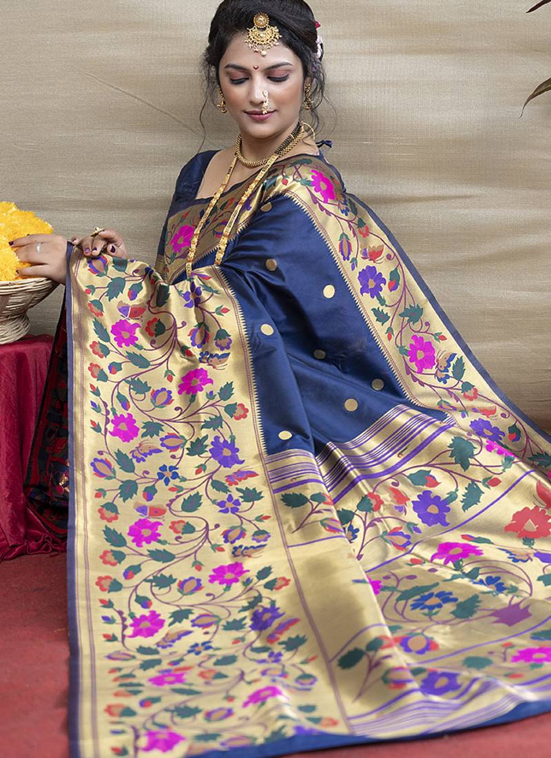 Navy blue zari woven paithani silk blend saree with blouse
