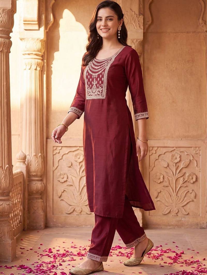 Women Ethnic Motifs Embroidered Regular Thread Work Liva Kurta with Trousers