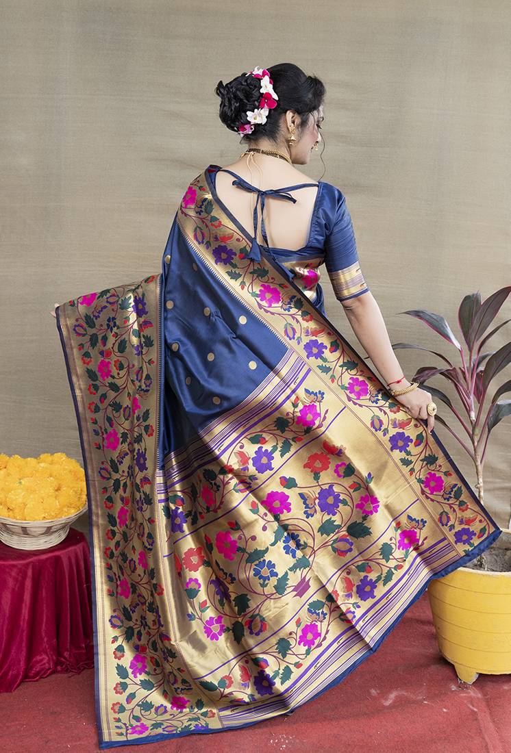 Navy blue zari woven paithani silk blend saree with blouse