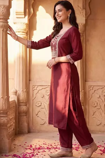 Women Ethnic Motifs Embroidered Regular Thread Work Liva Kurta with Trousers