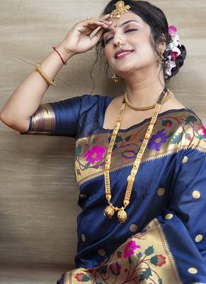 Navy blue zari woven paithani silk blend saree with blouse 4