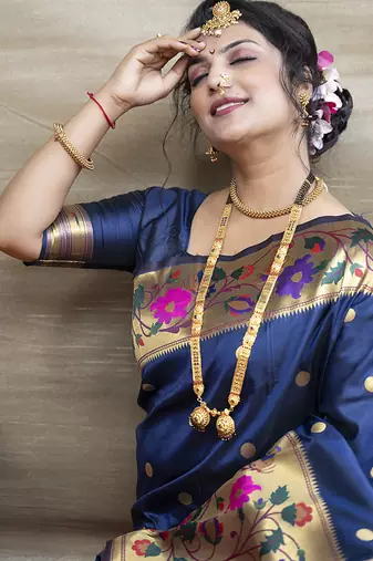 Navy blue zari woven paithani silk blend saree with blouse