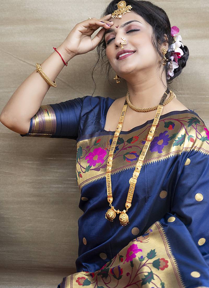 Navy blue zari woven paithani silk blend saree with blouse