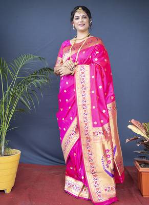 Rani pink zari woven paithani silk blend saree with blouse 1