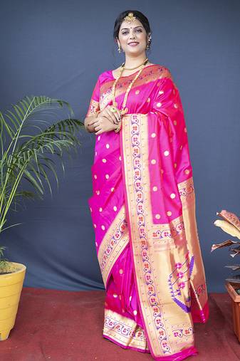 Rani pink zari woven paithani silk blend saree with blouse