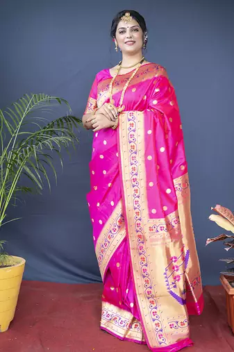 Rani pink zari woven paithani silk blend saree with blouse