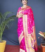 Rani pink zari woven paithani silk blend saree with blouse