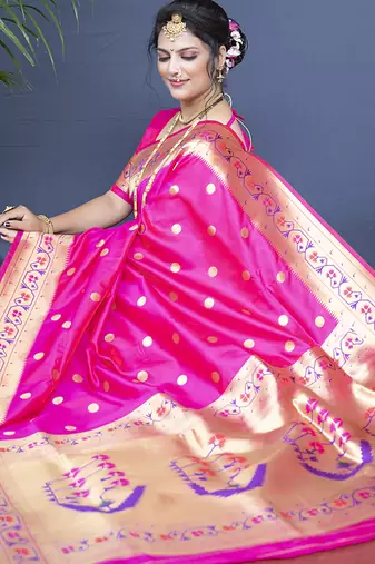 Rani pink zari woven paithani silk blend saree with blouse