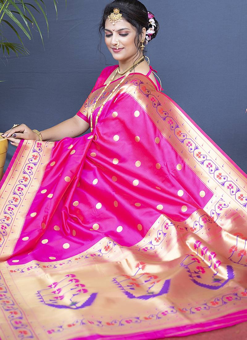 Rani pink zari woven paithani silk blend saree with blouse