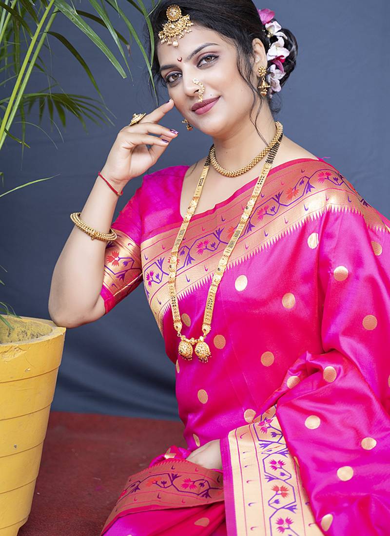 Rani pink zari woven paithani silk blend saree with blouse