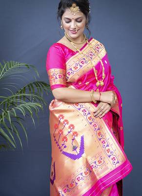 Rani pink zari woven paithani silk blend saree with blouse 4