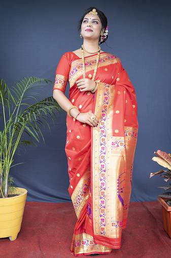 Red zari woven paithani silk blend saree with blouse
