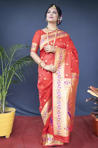 Red zari woven paithani silk blend saree with blouse