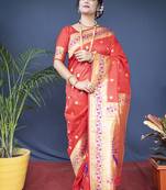 Red zari woven paithani silk blend saree with blouse