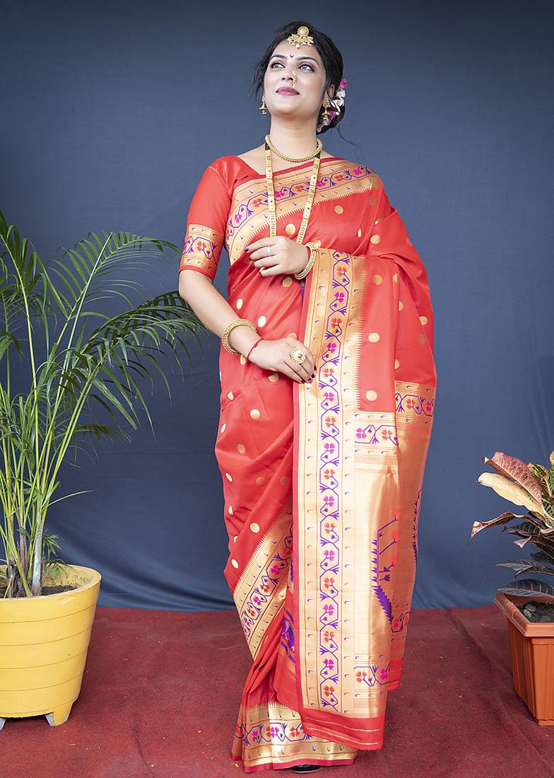 Red zari woven paithani silk blend saree with blouse