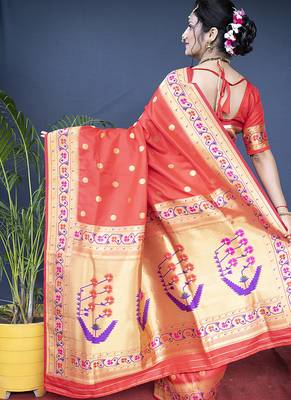 Red zari woven paithani silk blend saree with blouse 2
