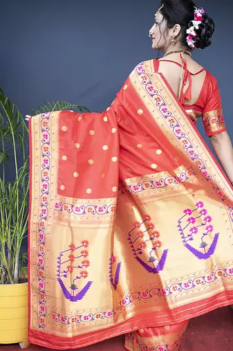 Red zari woven paithani silk blend saree with blouse