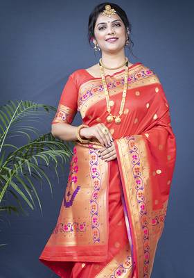Red zari woven paithani silk blend saree with blouse 3