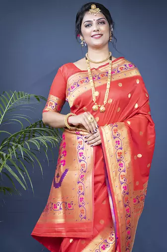 Red zari woven paithani silk blend saree with blouse