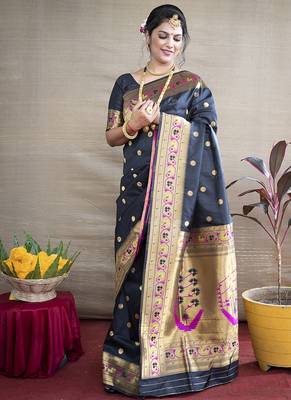 Black zari woven paithani silk blend saree with blouse 1