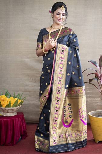 Black zari woven paithani silk blend saree with blouse