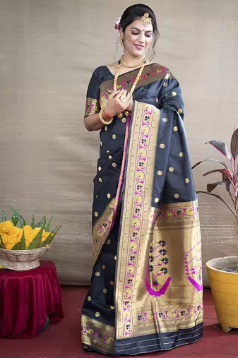 Black zari woven paithani silk blend saree with blouse
