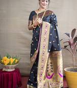Black zari woven paithani silk blend saree with blouse
