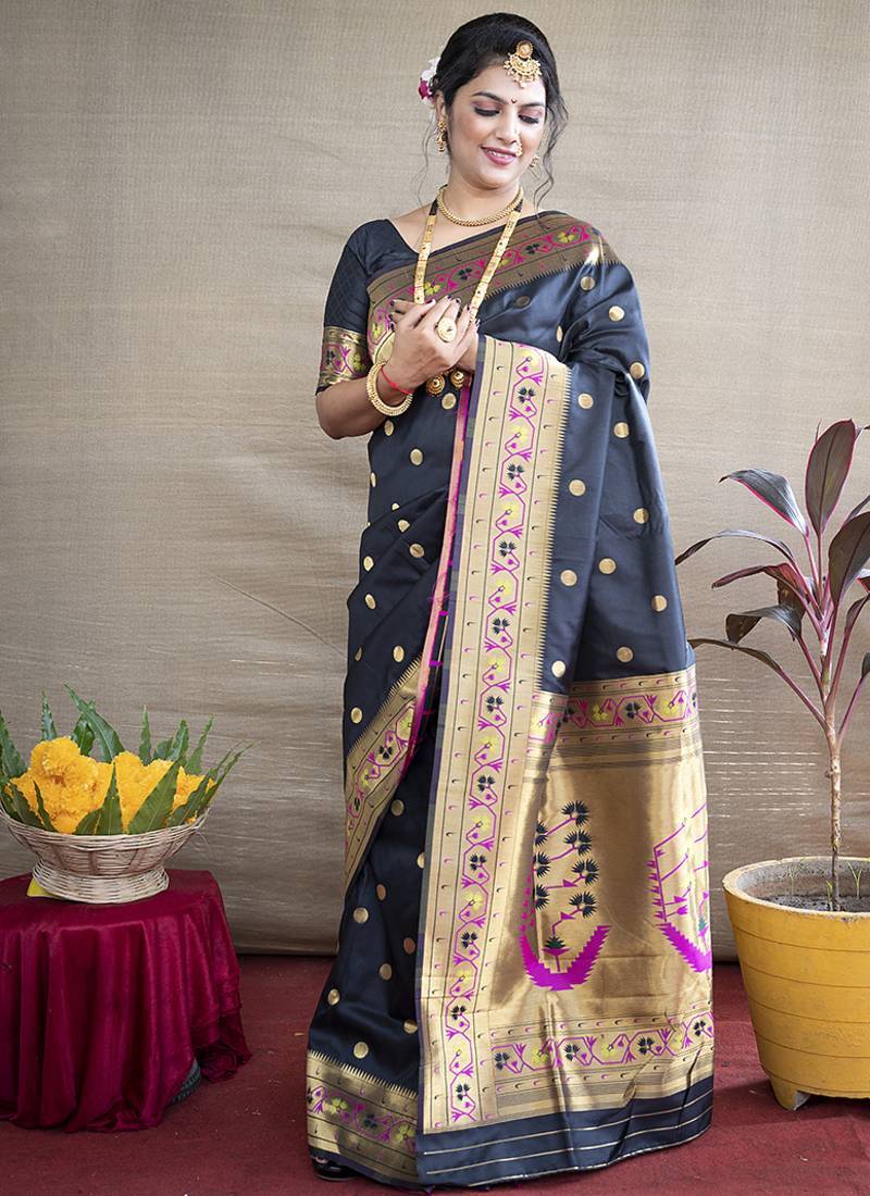 Black zari woven paithani silk blend saree with blouse