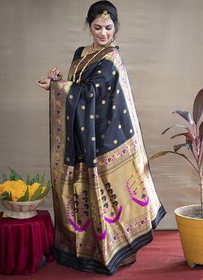 Black zari woven paithani silk blend saree with blouse 2