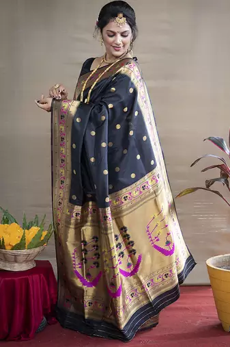 Black zari woven paithani silk blend saree with blouse