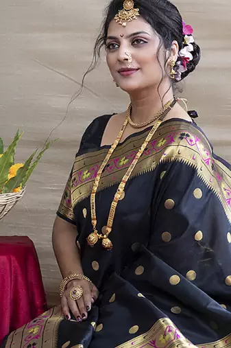 Black zari woven paithani silk blend saree with blouse