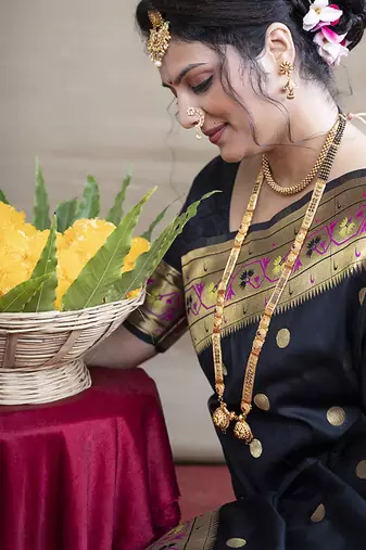 Black zari woven paithani silk blend saree with blouse