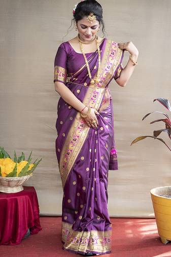 Magenta purple zari woven paithani silk blend saree with blouse