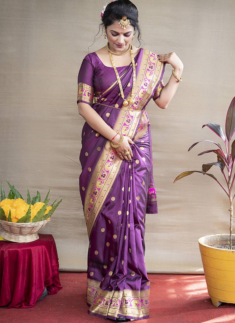 Magenta purple zari woven paithani silk blend saree with blouse
