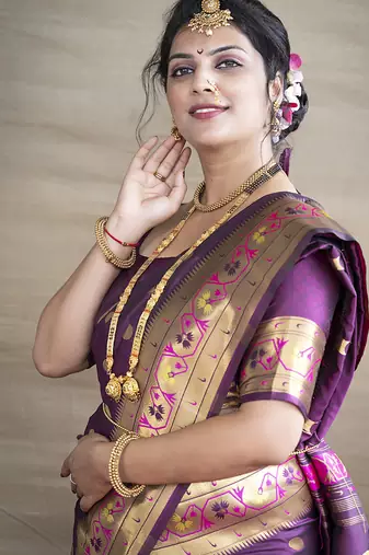 Magenta purple zari woven paithani silk blend saree with blouse