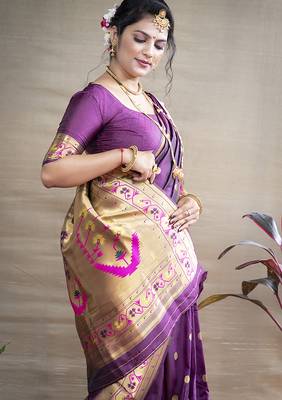 Magenta purple zari woven paithani silk blend saree with blouse 3