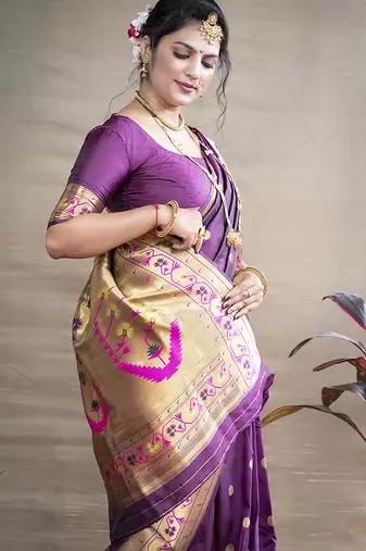 Magenta purple zari woven paithani silk blend saree with blouse