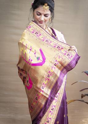 Magenta purple zari woven paithani silk blend saree with blouse 4