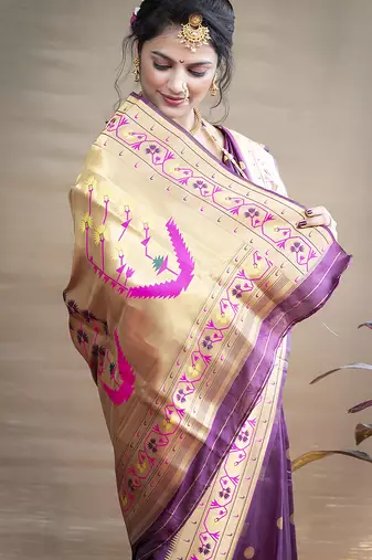 Magenta purple zari woven paithani silk blend saree with blouse
