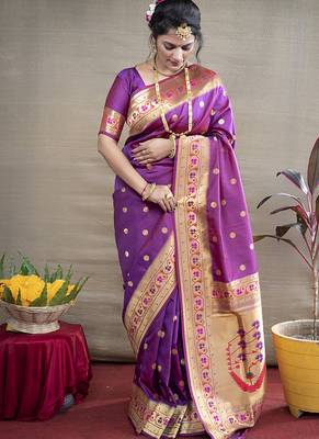 Purple zari woven paithani silk blend saree with blouse 1