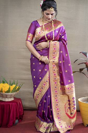 Purple zari woven paithani silk blend saree with blouse