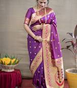 Purple zari woven paithani silk blend saree with blouse
