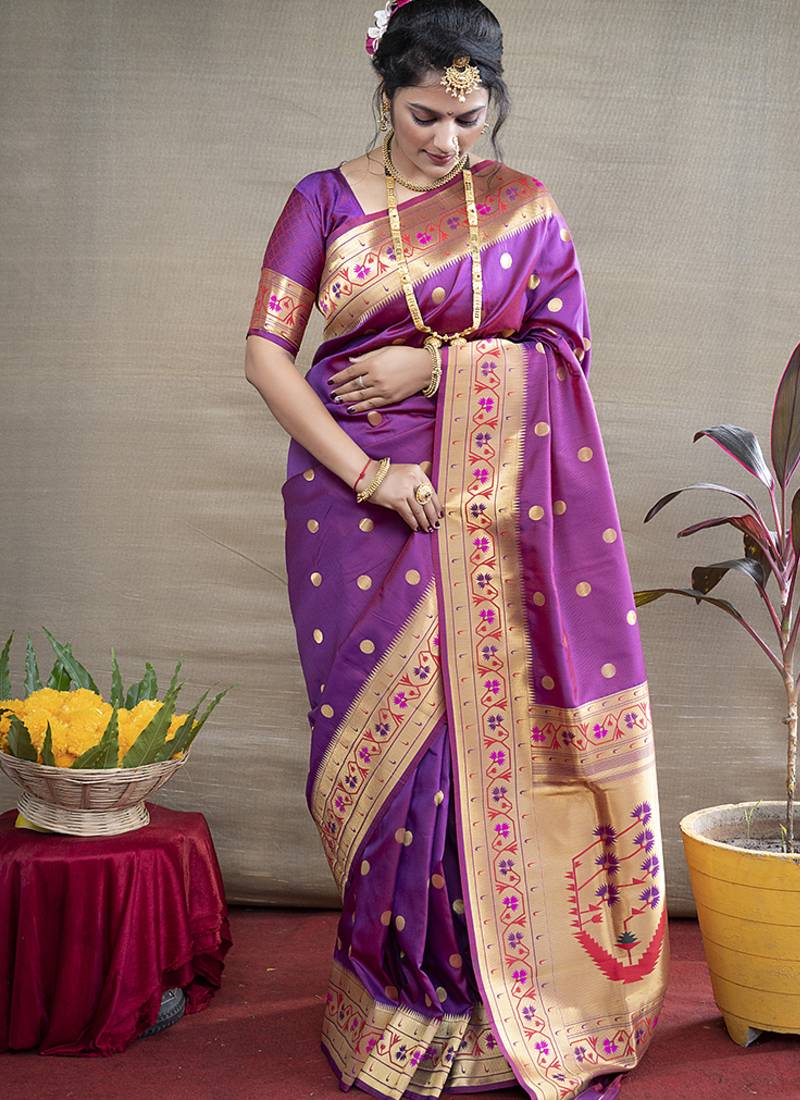 Purple zari woven paithani silk blend saree with blouse