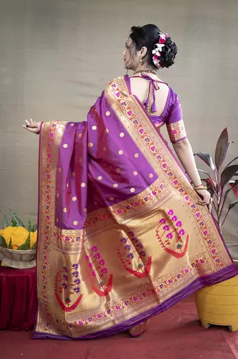 Purple zari woven paithani silk blend saree with blouse