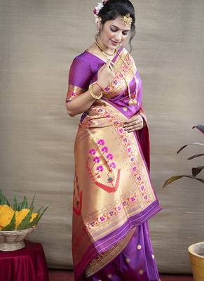 Purple zari woven paithani silk blend saree with blouse 3