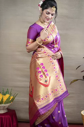 Purple zari woven paithani silk blend saree with blouse
