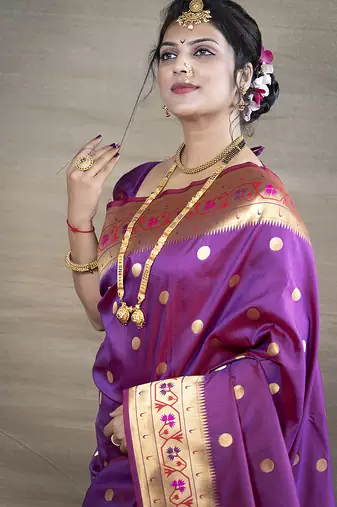 Purple zari woven paithani silk blend saree with blouse